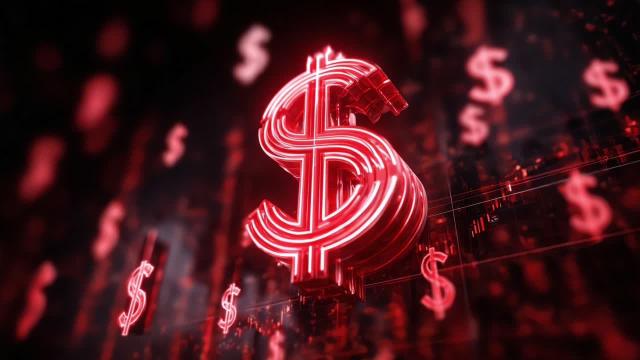 Glowing red dollar sign symbol rotating in a digital space surrounded by other currency symbols and financial charts, representing economic crisis, market decline, and financial instability
