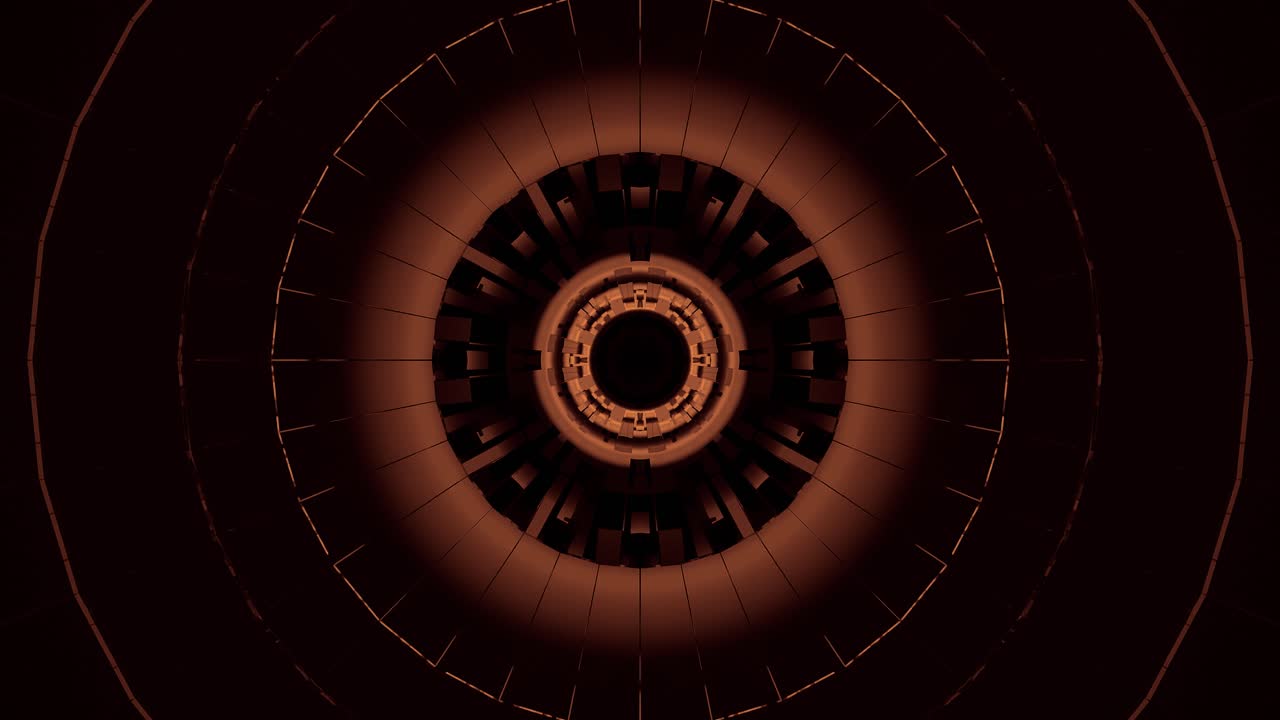 Flying through abstract seamless long clean golden tunnel with pulsing gold light, sci-fi interior, futuristic corridor VJ for tech titles and background