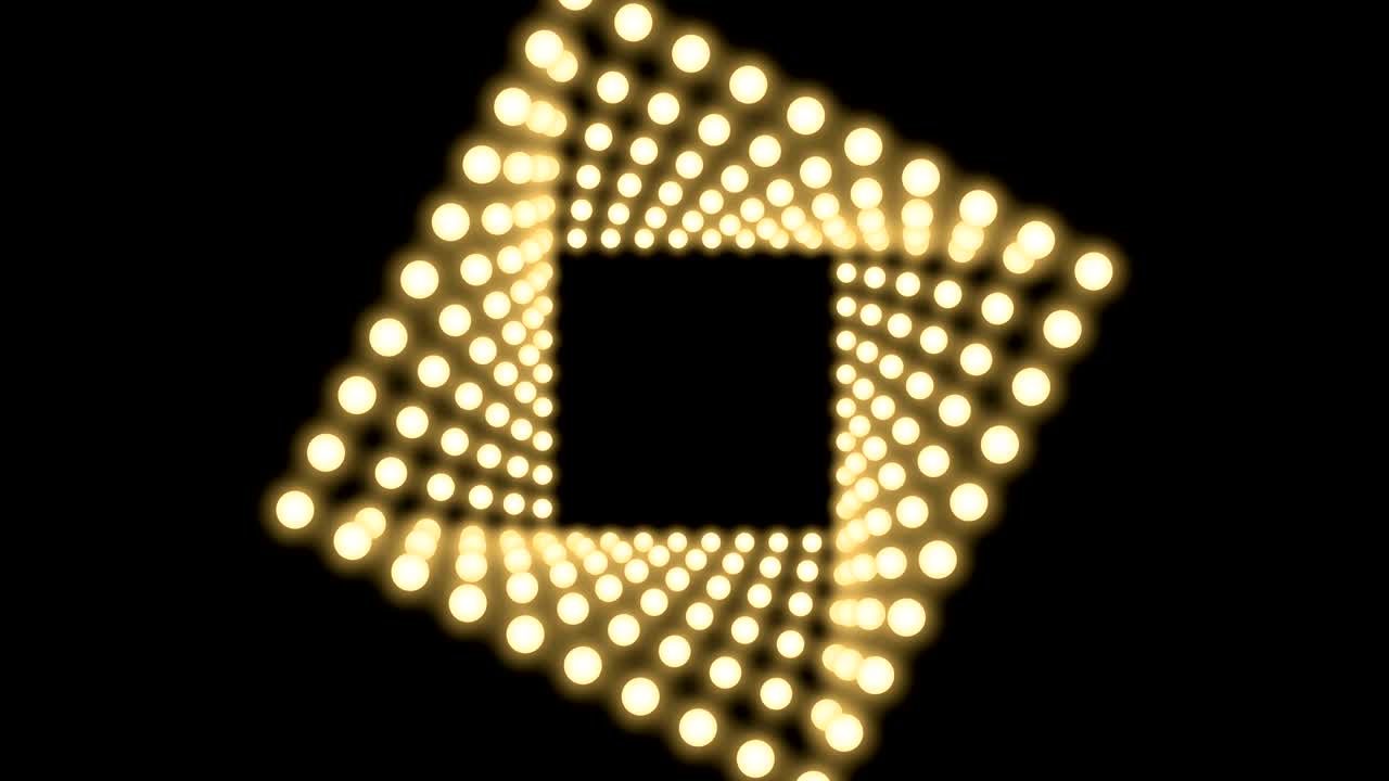 Tunnel Incandescent light bulb box frame square shape swirl rotate moving pattern, retro 3D virtual style illustration glow in dark background seamless looping animation 4K, with copy space