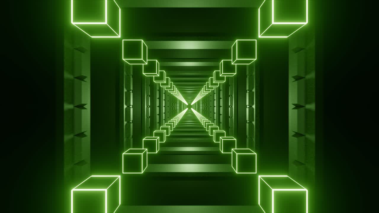 3D render of glowing green cubes tunnel design