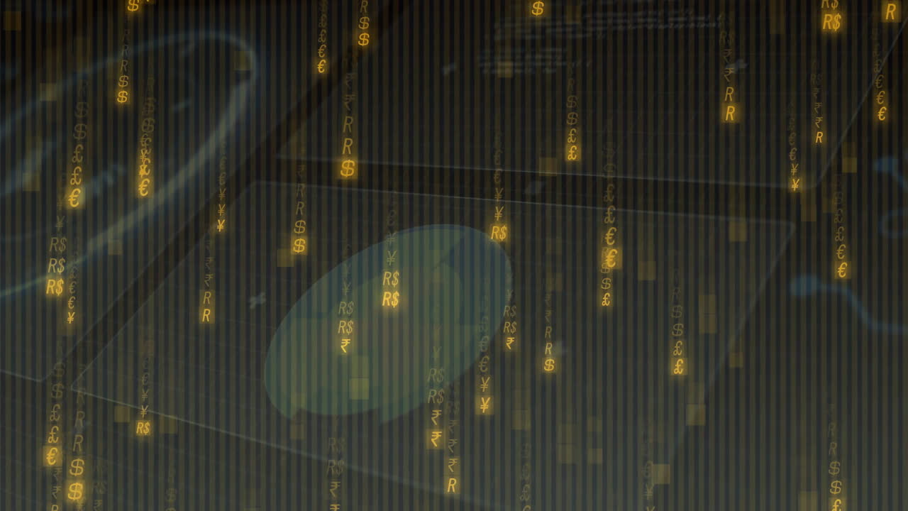 暗いコードの雨のように連なる、垂直に流れる光る通貨記号。仮想環境。