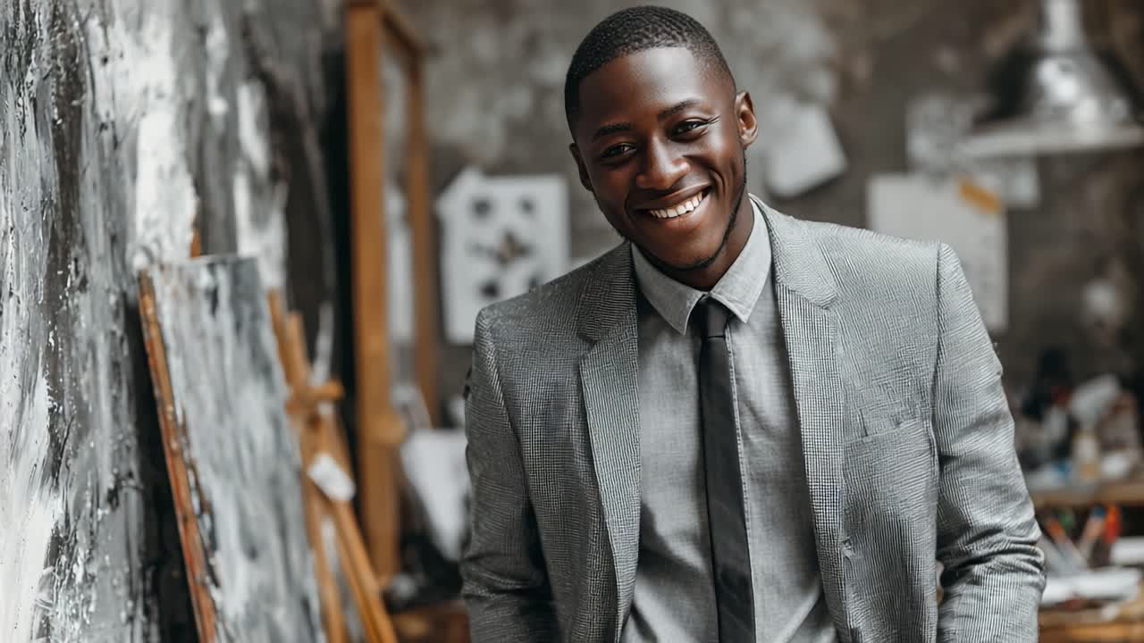 A Confident Man in a Tailored Gray Suit Smiling Blissfully in an Artistic Studio Environment, Radiating Joy and Professionalism