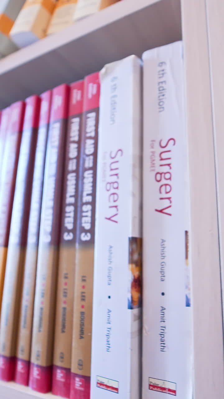 Shots of books inside university library. Bookshelves in university library with lots of books. Vertical video
