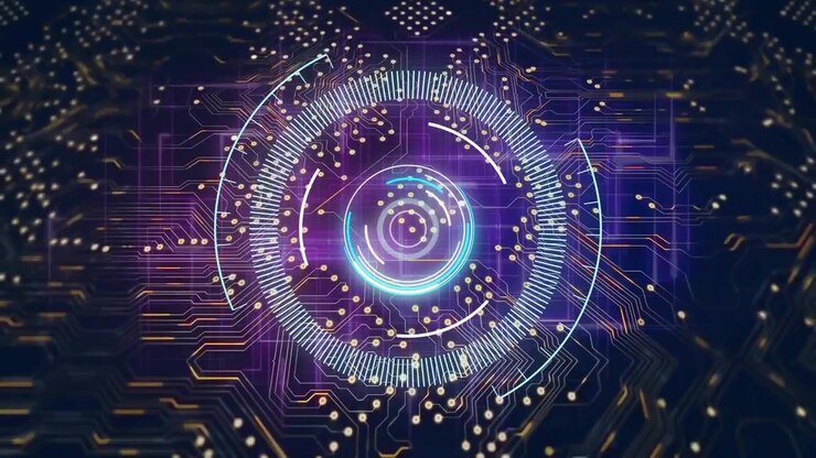 Animation of computer circuit board over scope scanning and light trails on black background