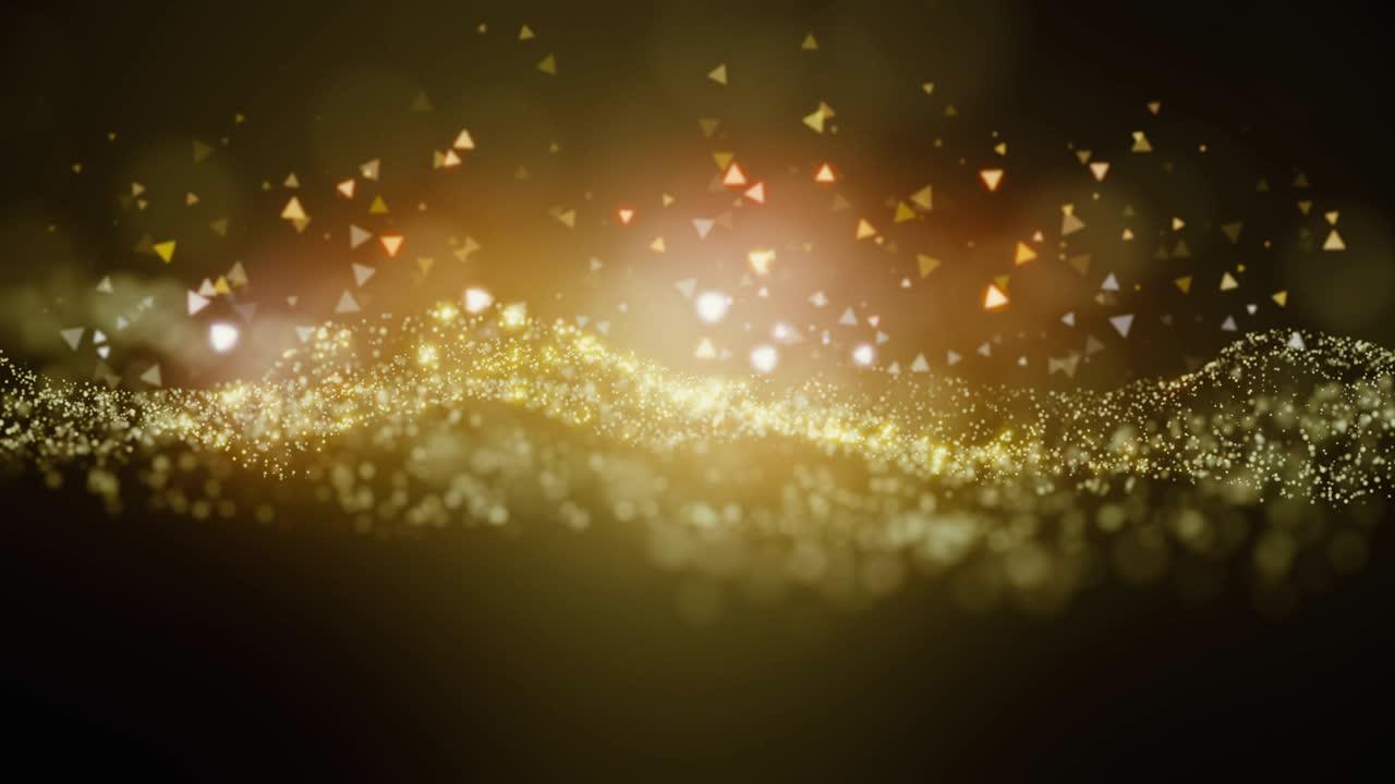 Golden shiny particles with triangle shapes floating. Seamless loop.