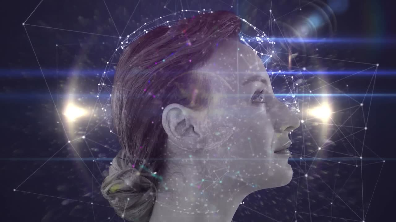 animación del perfil de una mujer con un globo de red de conexiones y puntos brillantes