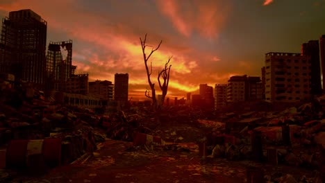 deserted demolished city buildings, after war, sunset time