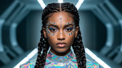 striking portrait of a model showcasing futuristic aesthetic with colorful makeup and distinctive facial art in an artistic setting