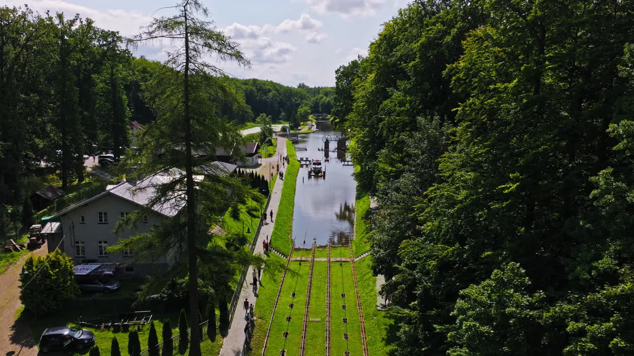 Drone establishing shot of historic Buczyniec Slipway using water powered rails