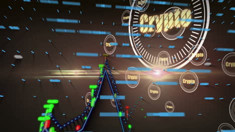 Analyzing crypto market, graphs and data processing animation on computer screen