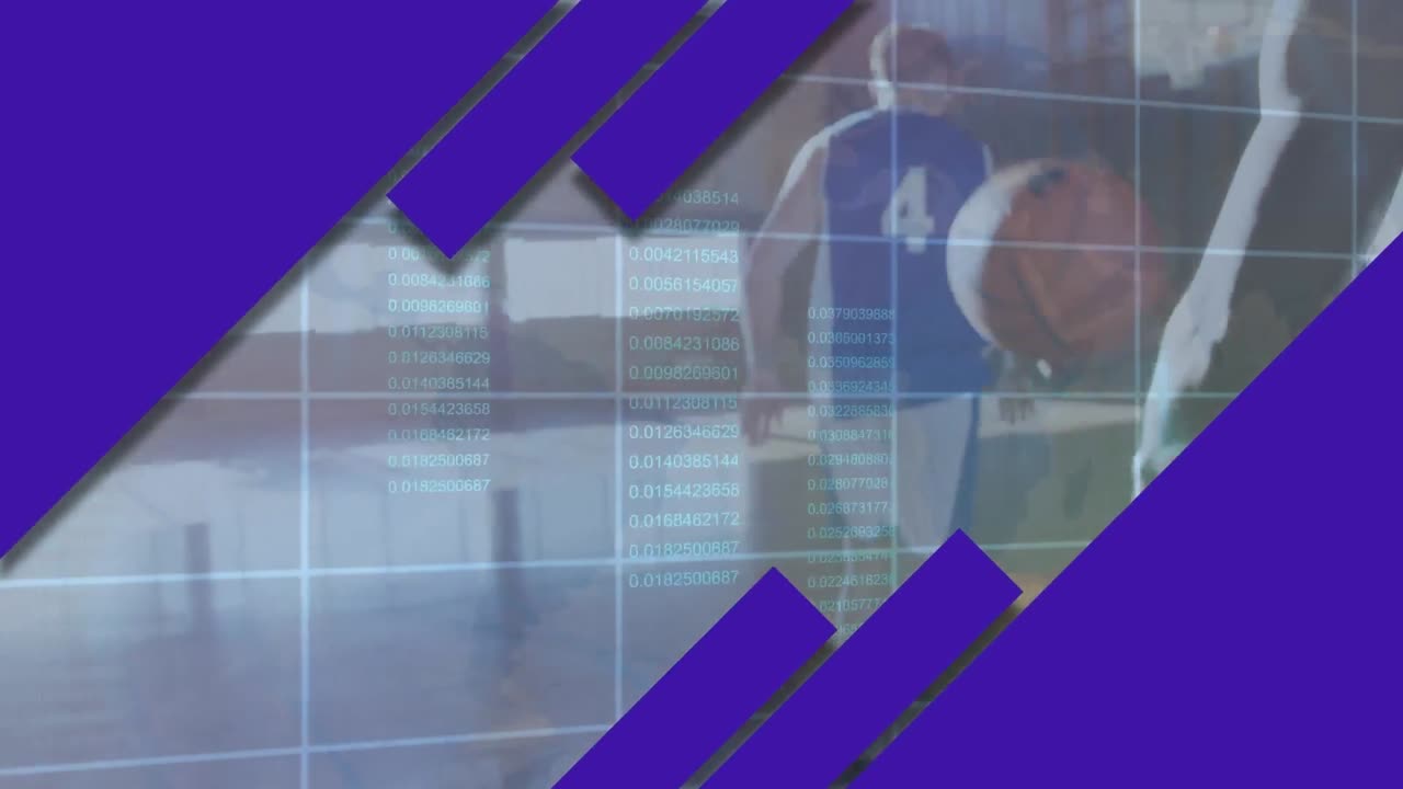 animación digital del procesamiento de datos a través de la red de cuadrícula contra jugadores de baloncesto practicando
