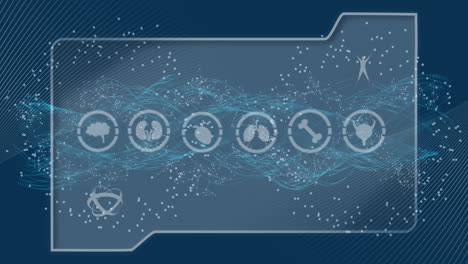 animación de iconos, procesamiento de datos a través de una red de conexiones.