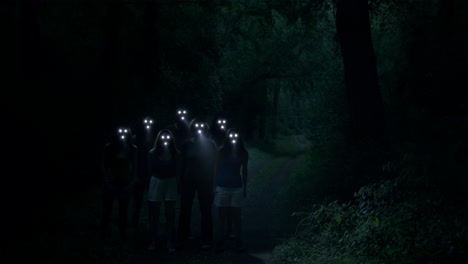 group of people with flashlights in the woods at night