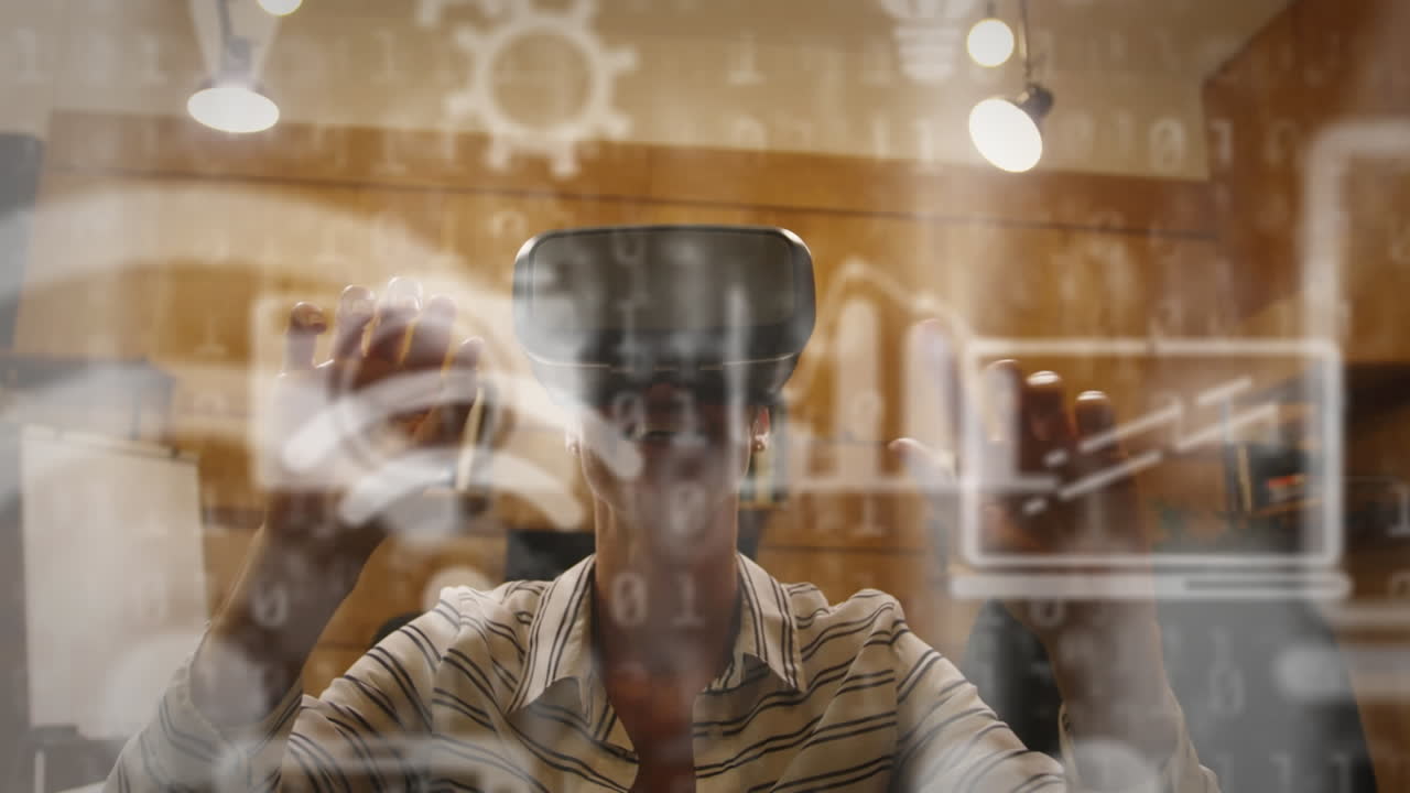 Multiple digital icons and binary coding against woman wearing a vr headset at office