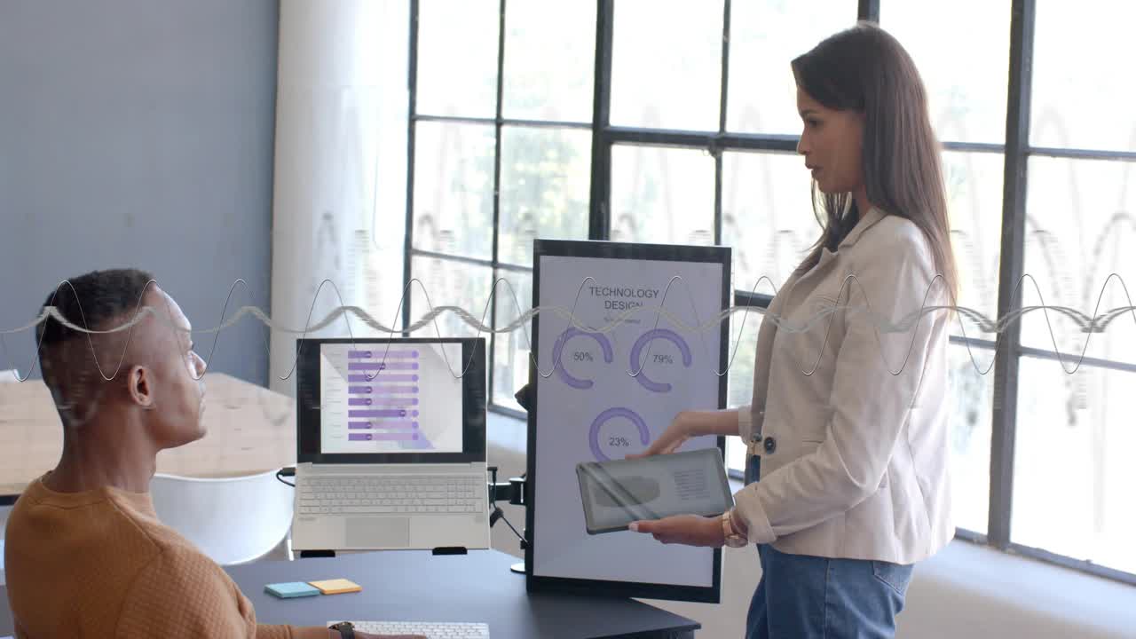 Presenter presenting pointing at vertical monitor tech charts animating to show KPIs via tablet