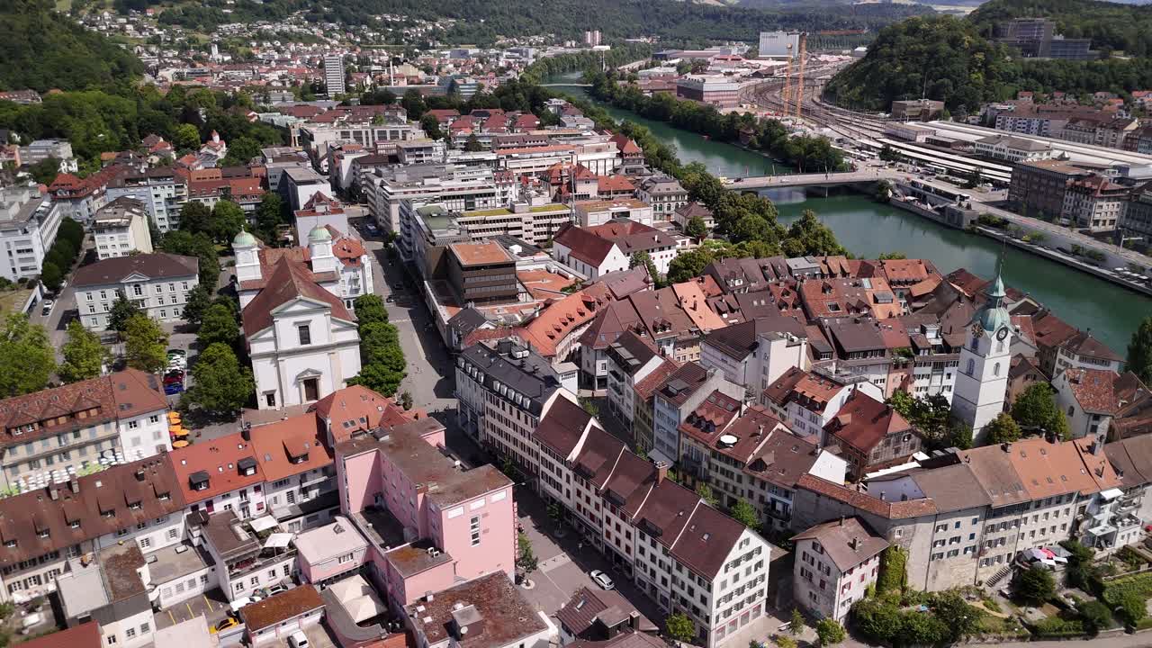 Olten town in Switzerland Aare river Solothurn canton aerial drone old city above