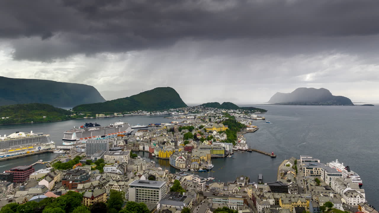 Drone hyperlapse over sea port city of &Aring;lesund with incoming moody weather
