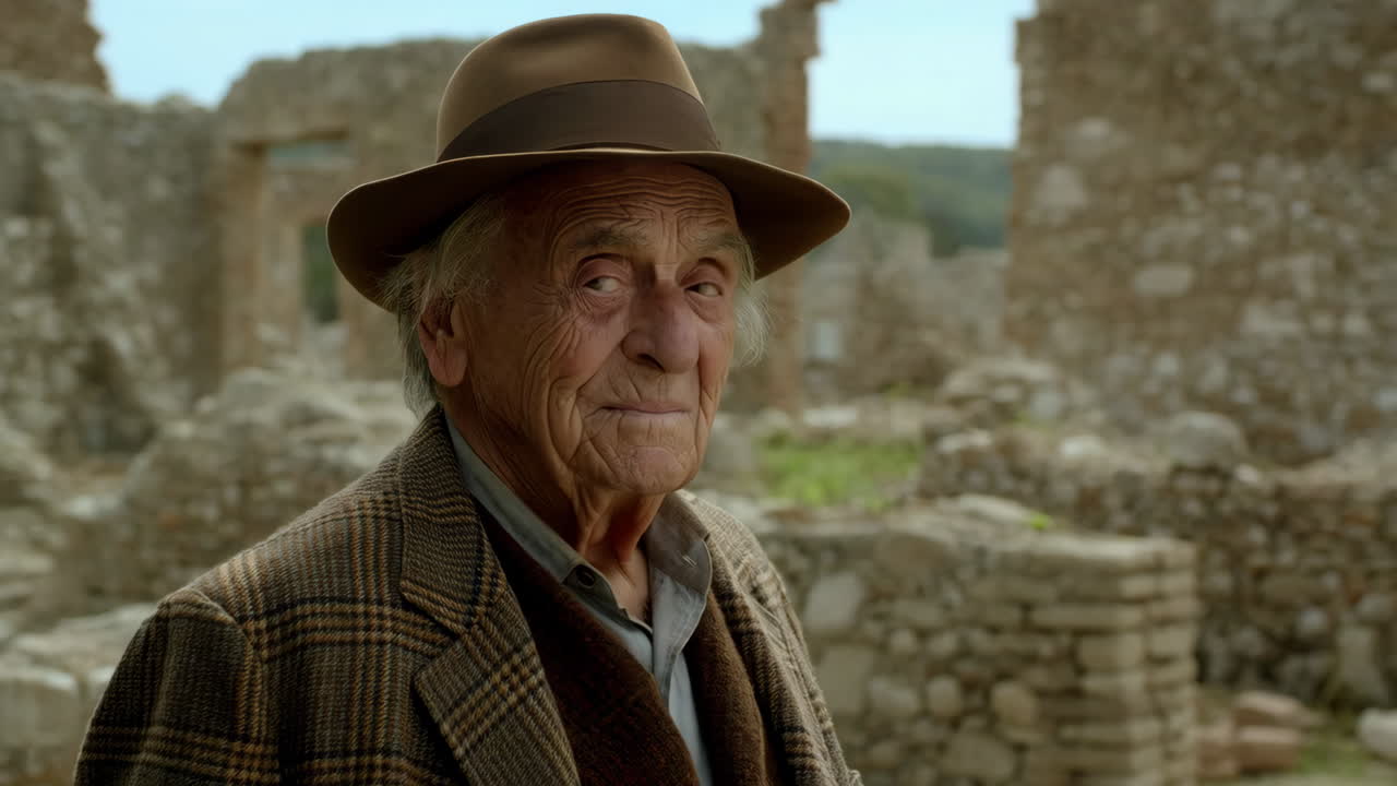 Portrait of an Elderly Man in a Hat at Ancient Ruins