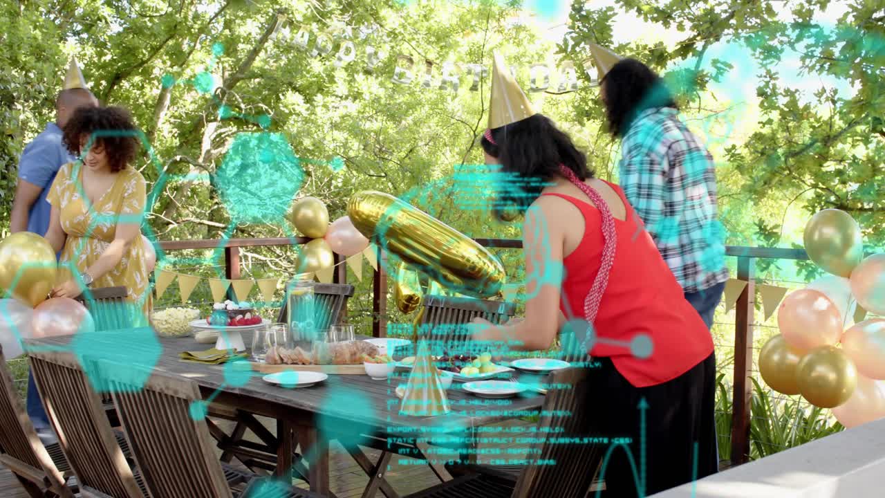 Group of four friends arriving, arranging plates and balloons for birthday while teal HUD guiding