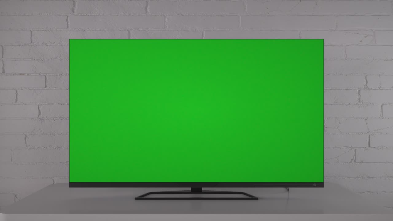 TV with blank green screen in modern home interior in living room. Zoom in. Modern living room with television