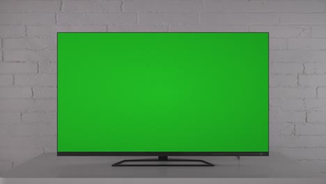 tv with blank green screen in modern home interior in living room. zoom in. modern living room with television