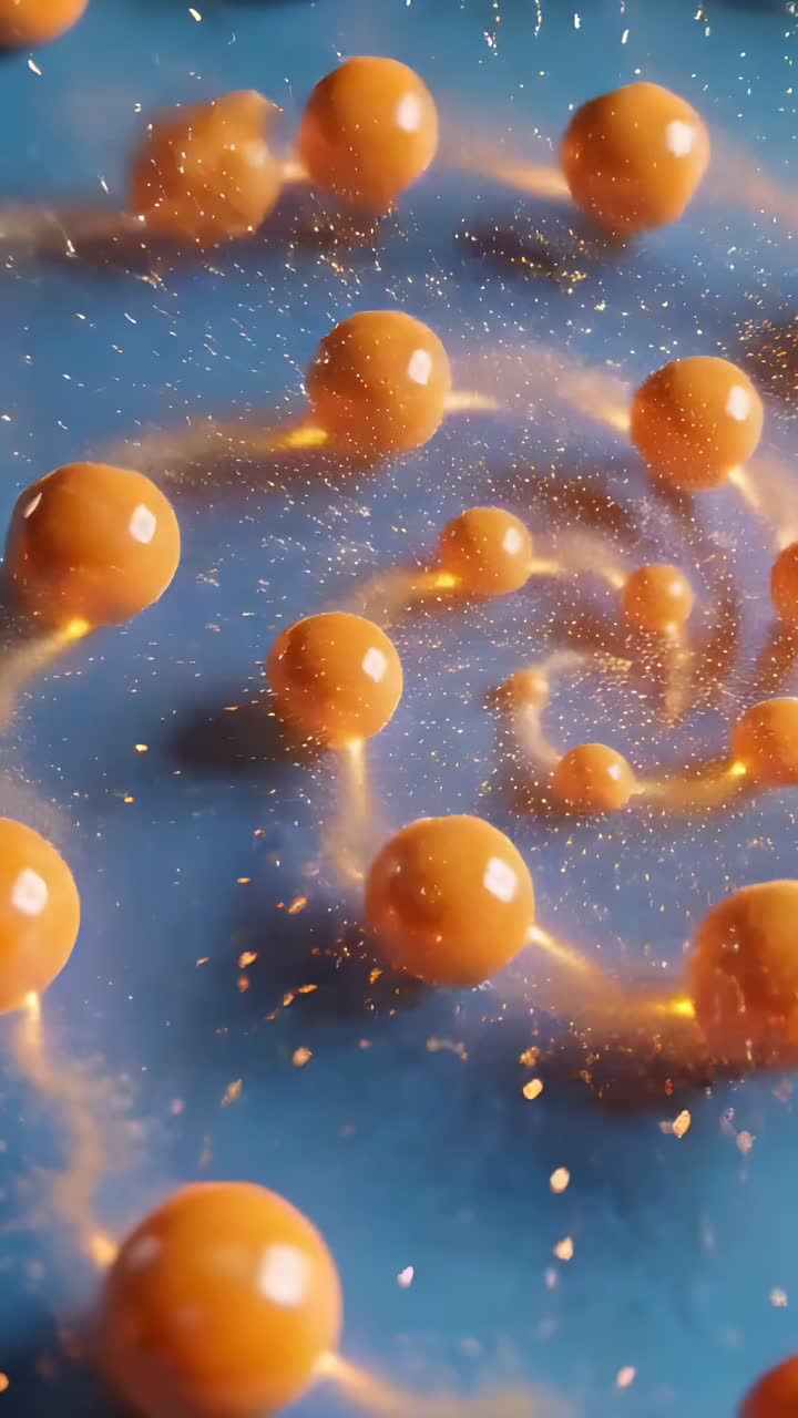 Vertical video: Shifting orange spheres spiraling on blue plane, center energy causing burst trails