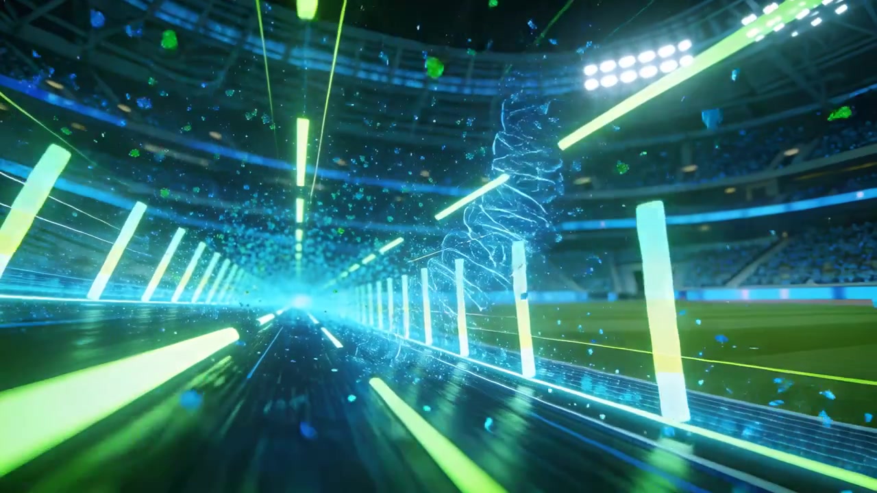 Launching neon-lit pillar path through stadium sending particles and forming spiral ribbon
