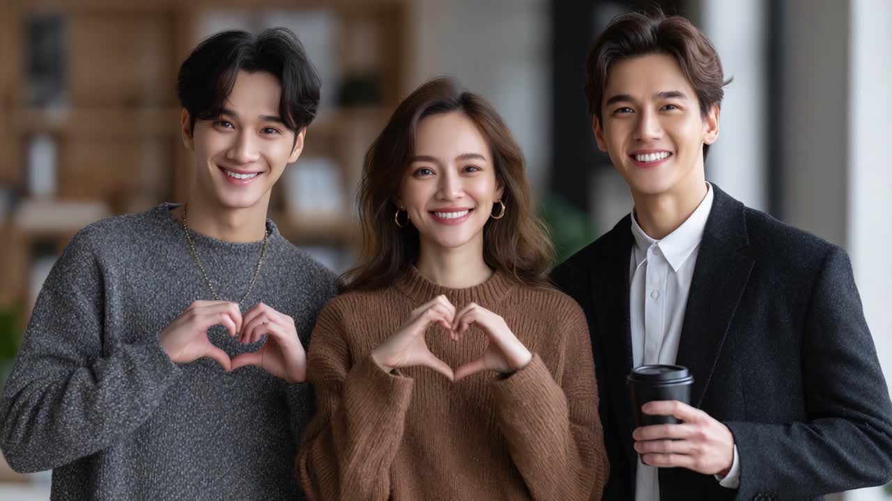 A Heartwarming Moment: Three Friends Sharing Joy and Love Through Unique Hand Gestures, Captured in a Contemporary Indoor Setting, Celebrating Togetherness and Friendship