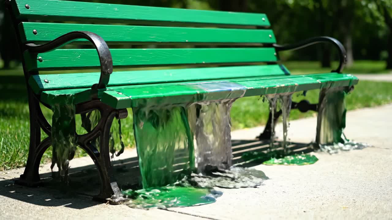 Green park bench with melting gel