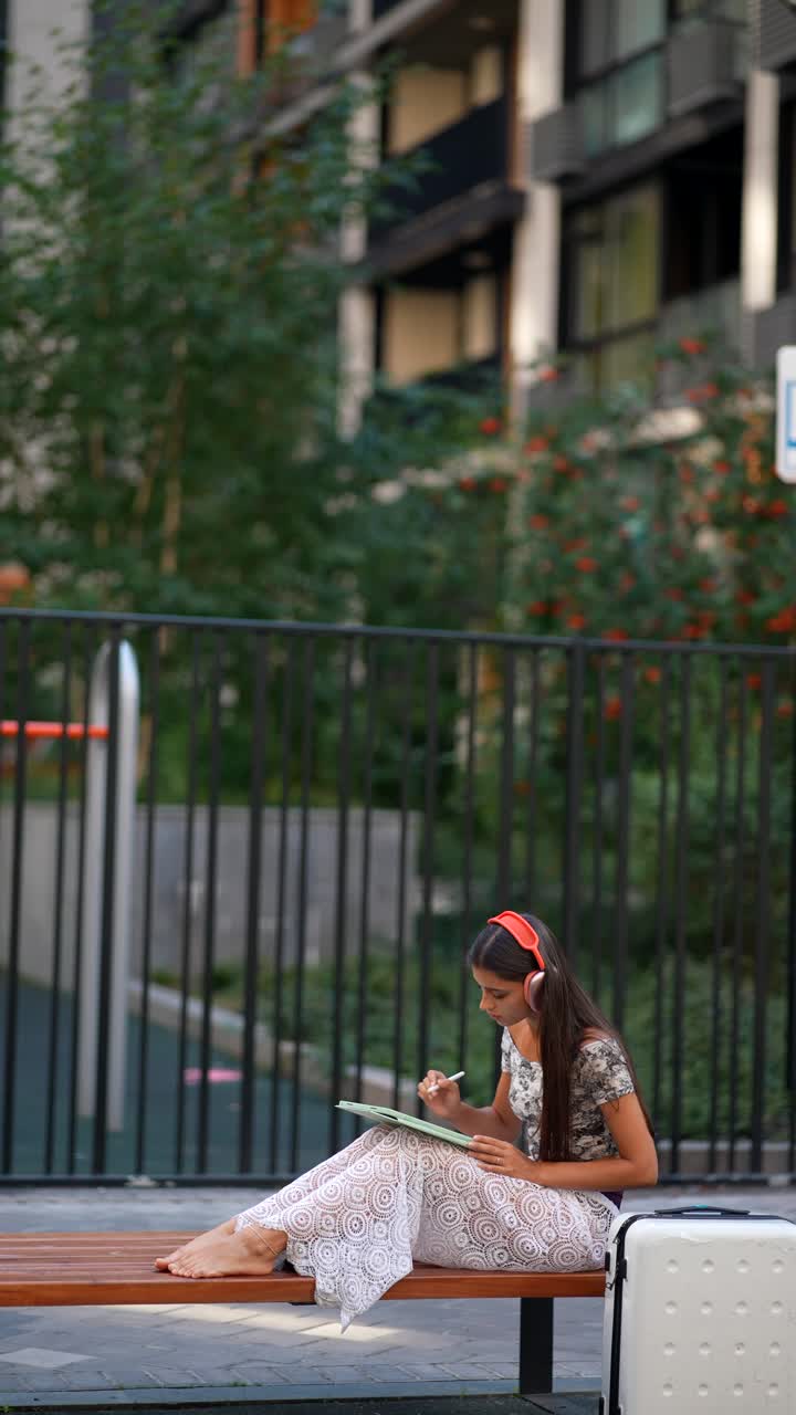mujer estudiando al aire libre en un banco con una maleta