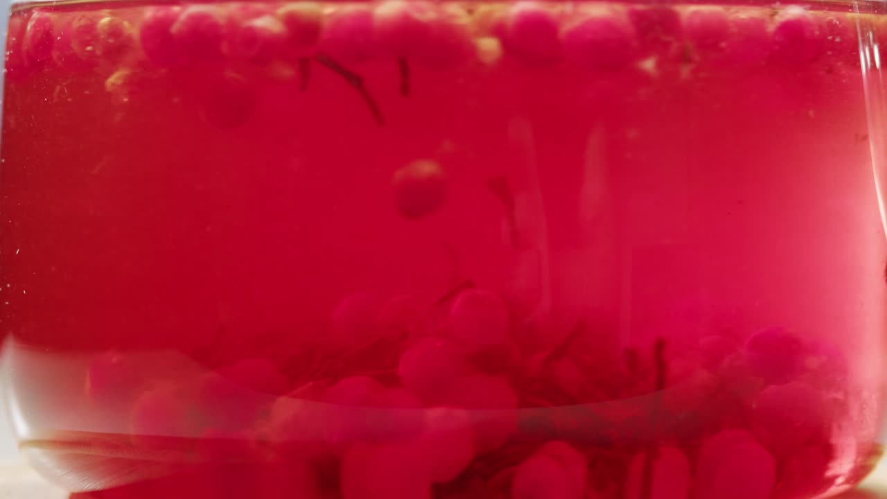 차를 위해 눈에 얼어붙은 크랜베리, 겨울 공원에서 크랜베리의 배경 클로즈업, 얼음 냉장고 매크로