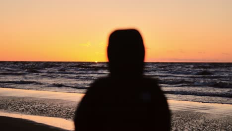 peaceful beach scene with changing focus from sun to silhouette of calm observer