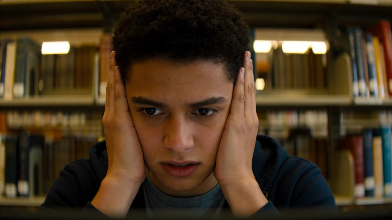 Adolescente con felpa blu scuro che, reagendo allo schermo del computer, si stringe le tempie, concentrandosi in biblioteca per i compiti.