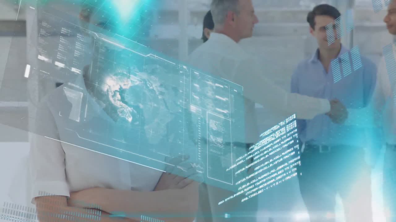 다양한 사업가들이 사무실에서 손을 흔드는 금융 데이터 처리의 애니메이션