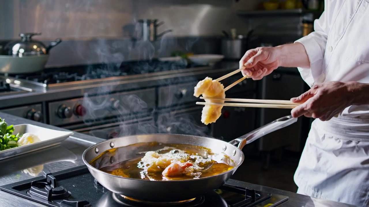 Kok frituresteger tempura i professionelt restaurantkøkken