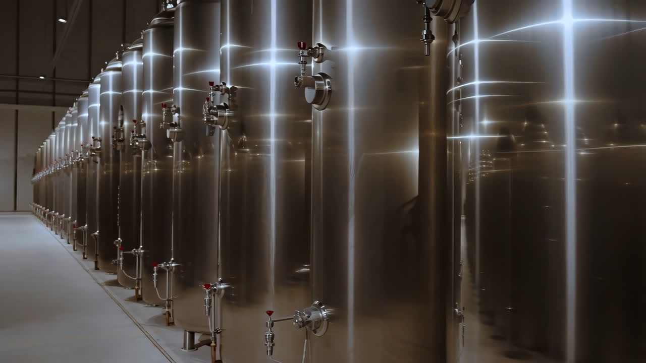 Row of Modern Stainless Steel Industrial Tanks