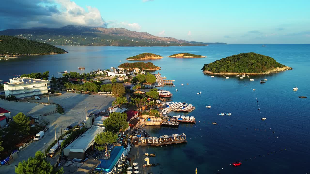 Ksamil sandy beach holiday summer destination Albania islands aerial drone view