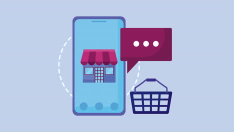 online commerce animation with smartphone and store