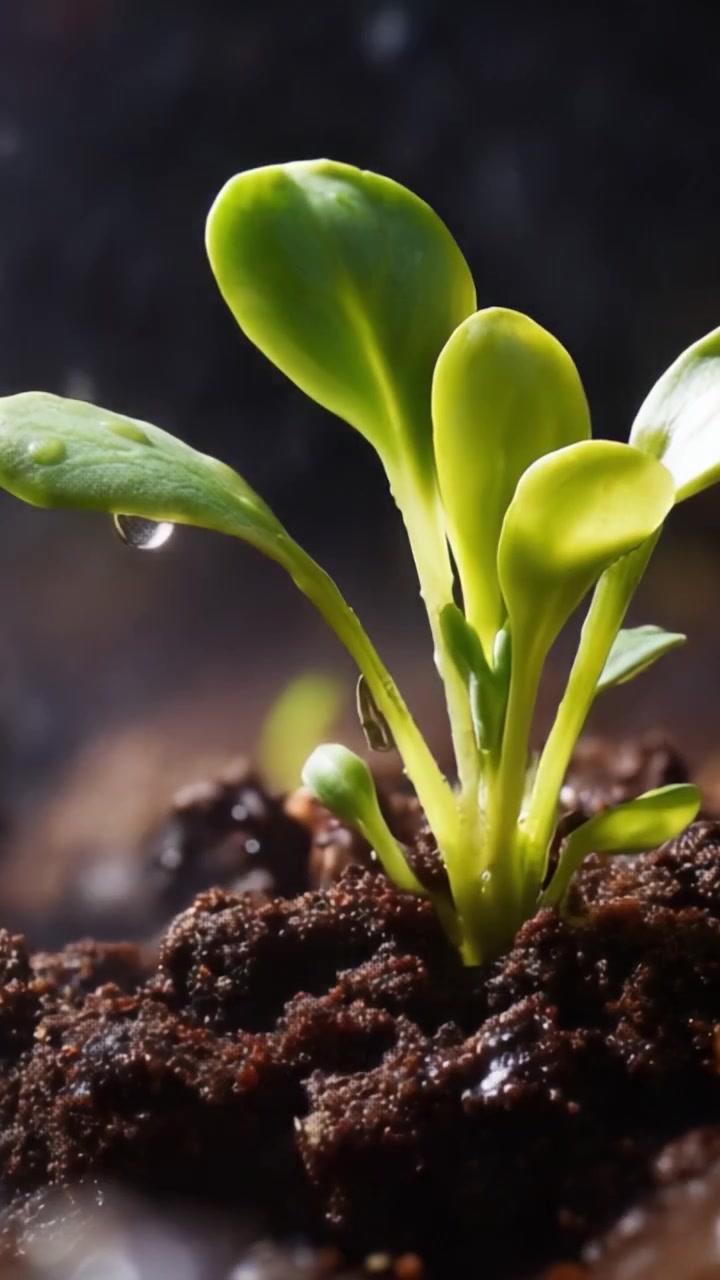 Um Close-up Cativante de uma Jovem Planta Verde Cercada por Solo Úmido com Gotículas de Água Refletindo a Luz em um Ambiente de Crescimento Vibrante