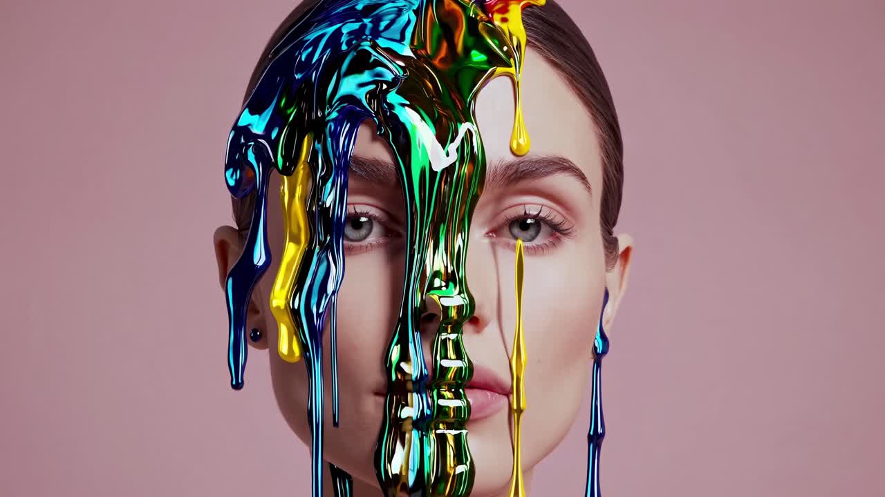 Glossy streams of vibrant, colorful paint dripping on a model's face, creating an artistic and unique makeup look against a soft pink background, exuding contemporary beauty and style