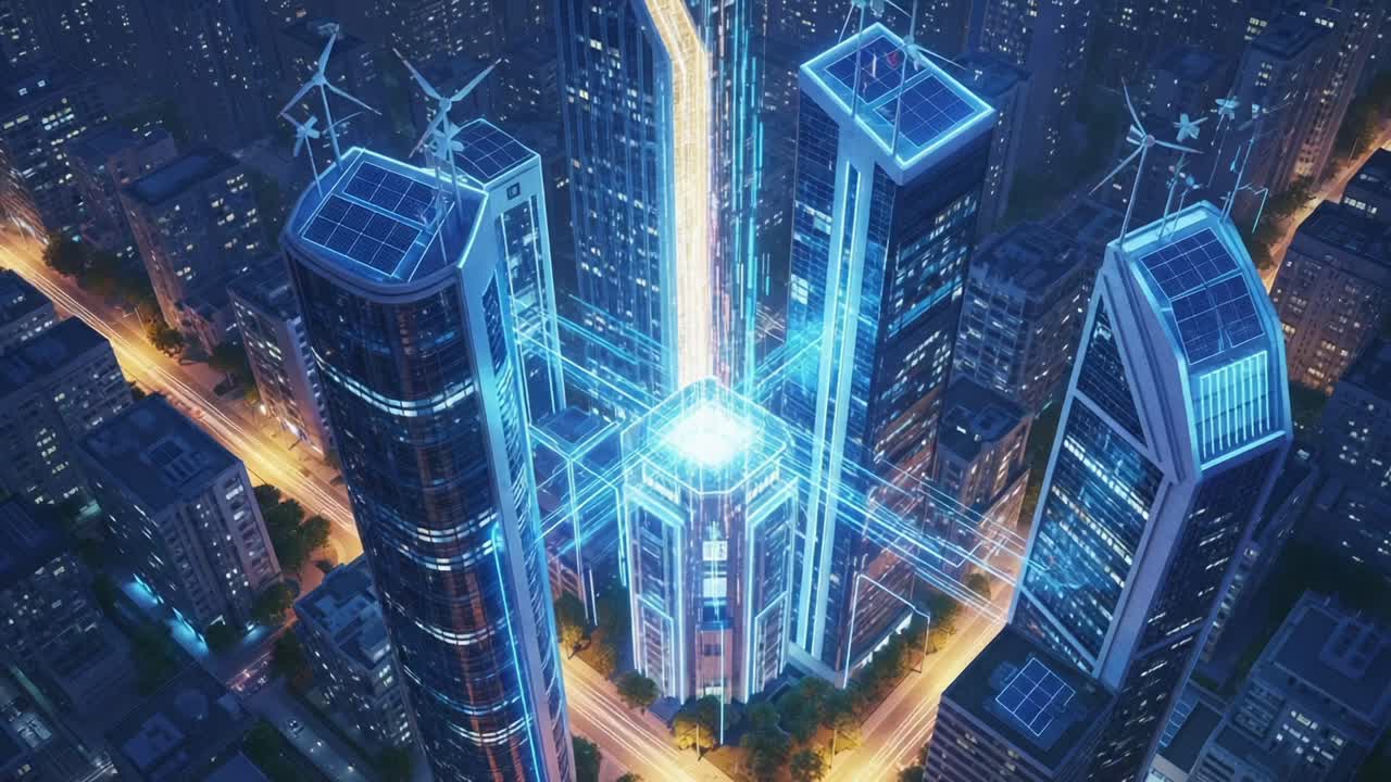 Aerial View of Futuristic Urban Landscape Illuminated by Neon Lights and High-Tech Infrastructure Reflecting Smart City Concepts and Sustainable Energy Solutions