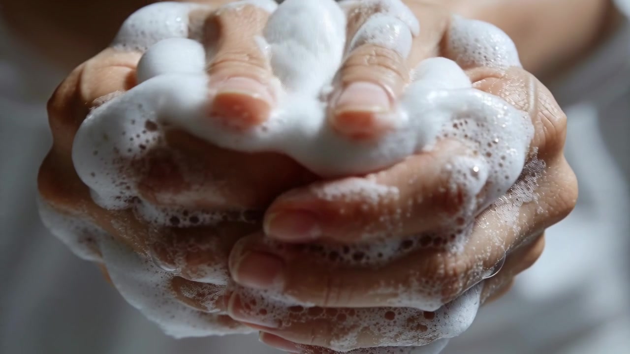 Tenendo la schiuma, un adulto che preme e spalma schiuma di sapone bianca nel lavandino, con bolle e goccioline.