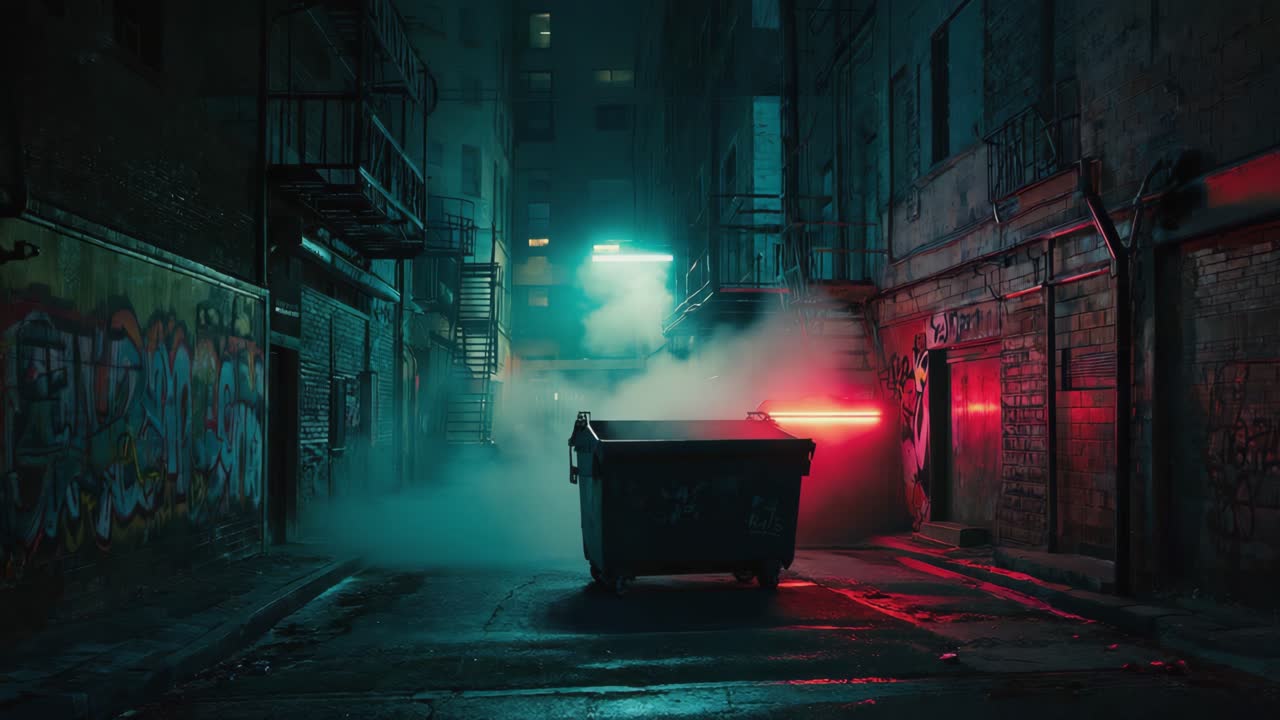 Nighttime Alley with Graffiti and Smoke