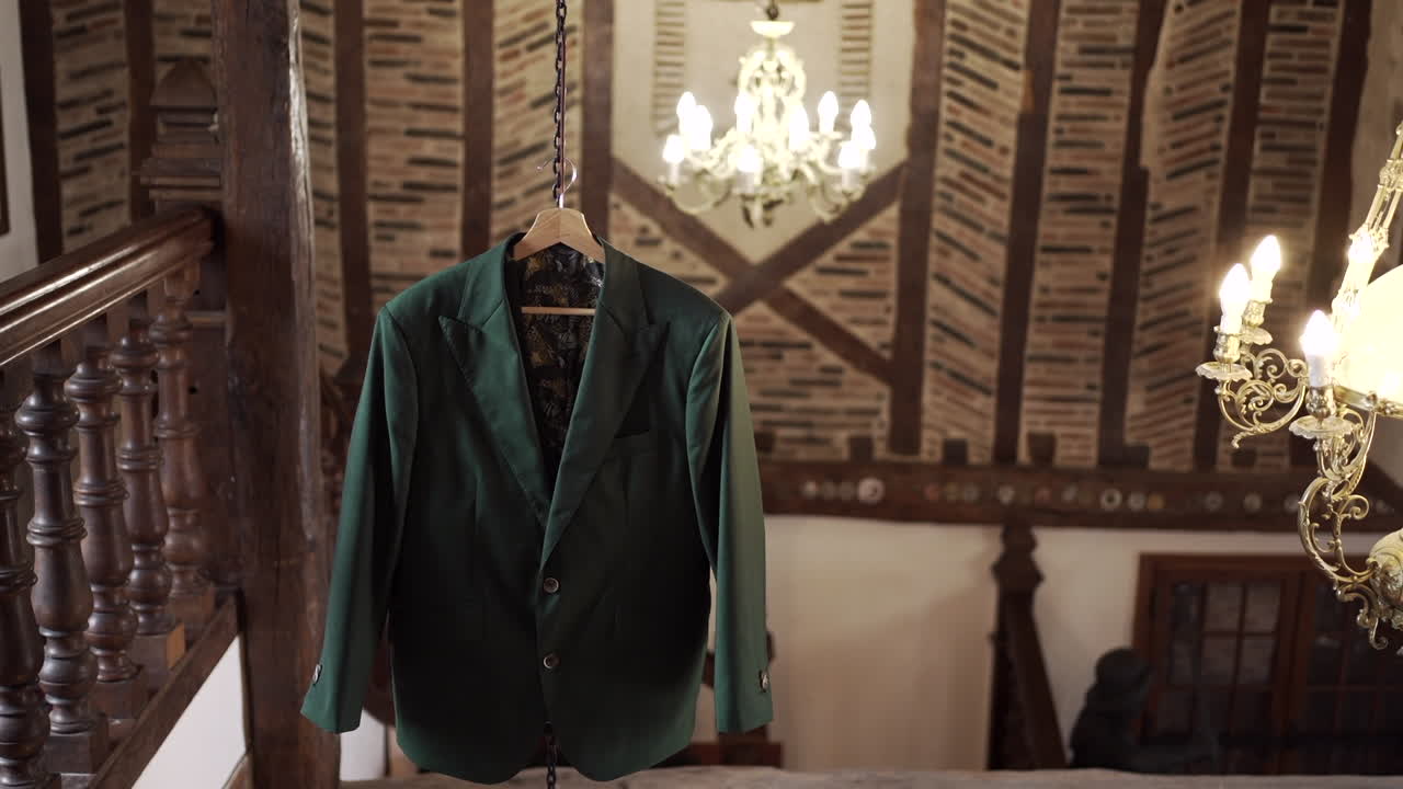 초록색 블레이저는 아한 분위기를 가진 시골, 목조 인테리어에서 들리어에서 매달려 있습니다.