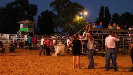 people gather at a nighttime rodeo event