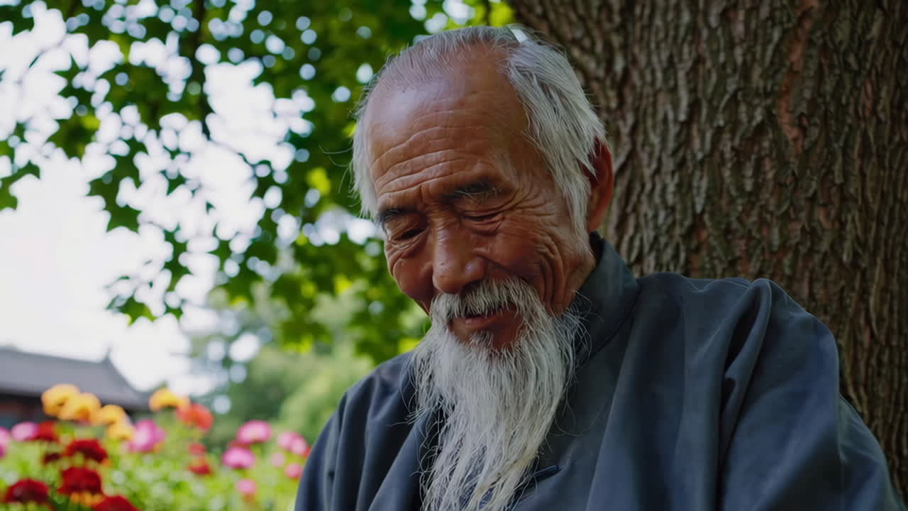 Uomo anziano sorridente in abiti tradizionali cinesi