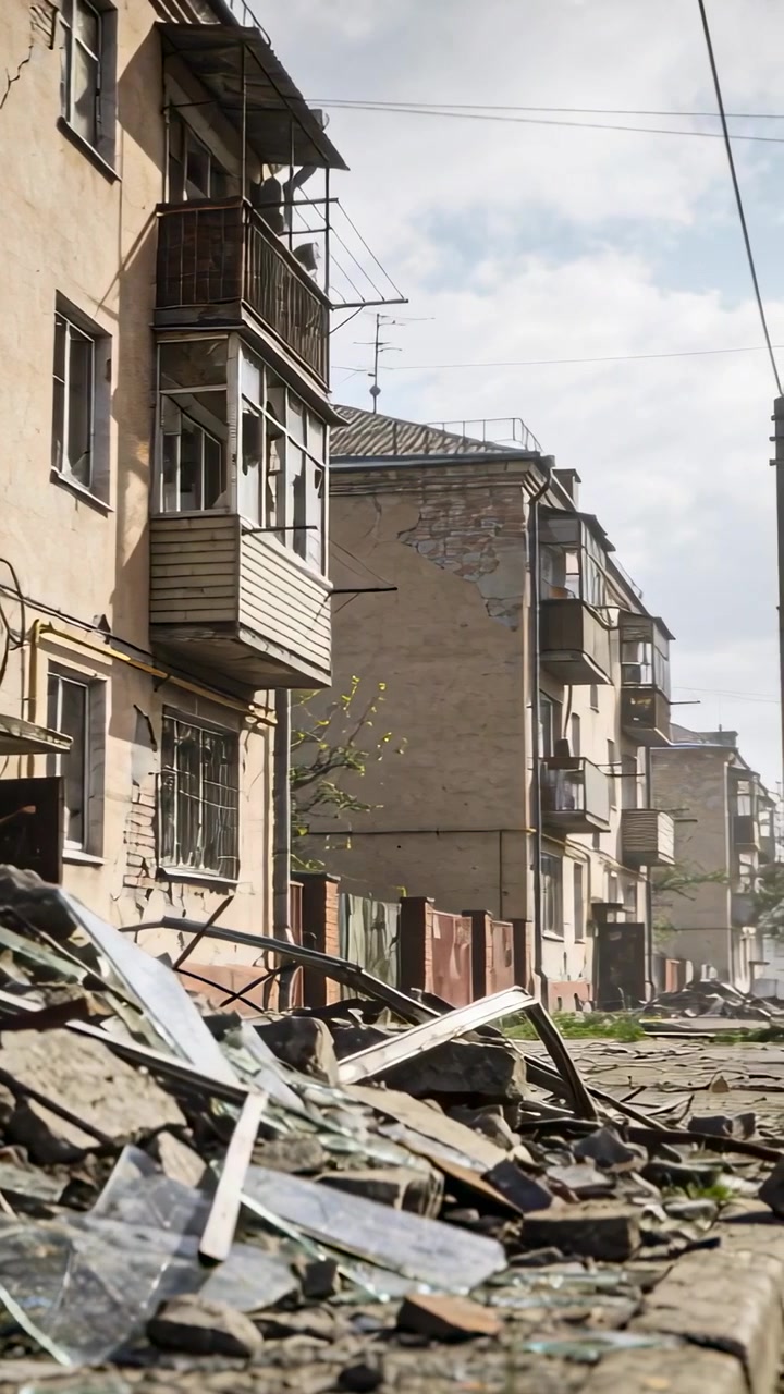 Video verticale: Telecamera che panoramica rivelando macerie e vetri rotti su una strada residenziale, mentre si valutano i danni.