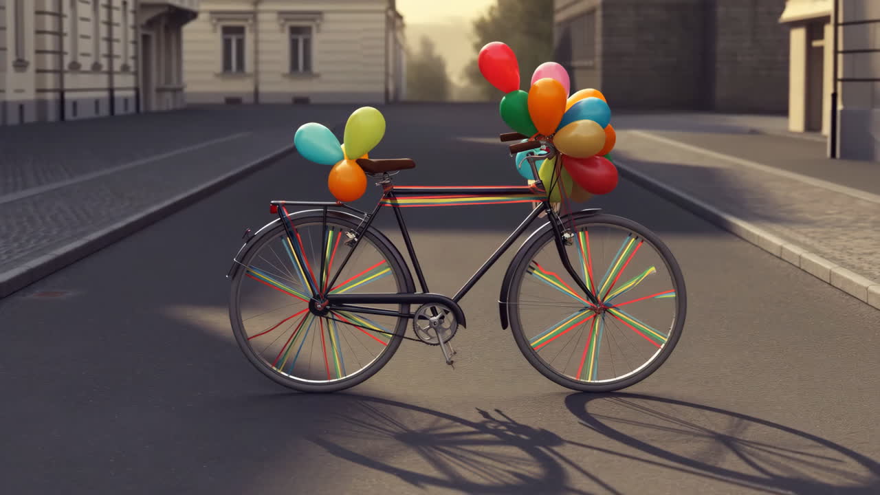 Bicycle with Balloons on a City Street