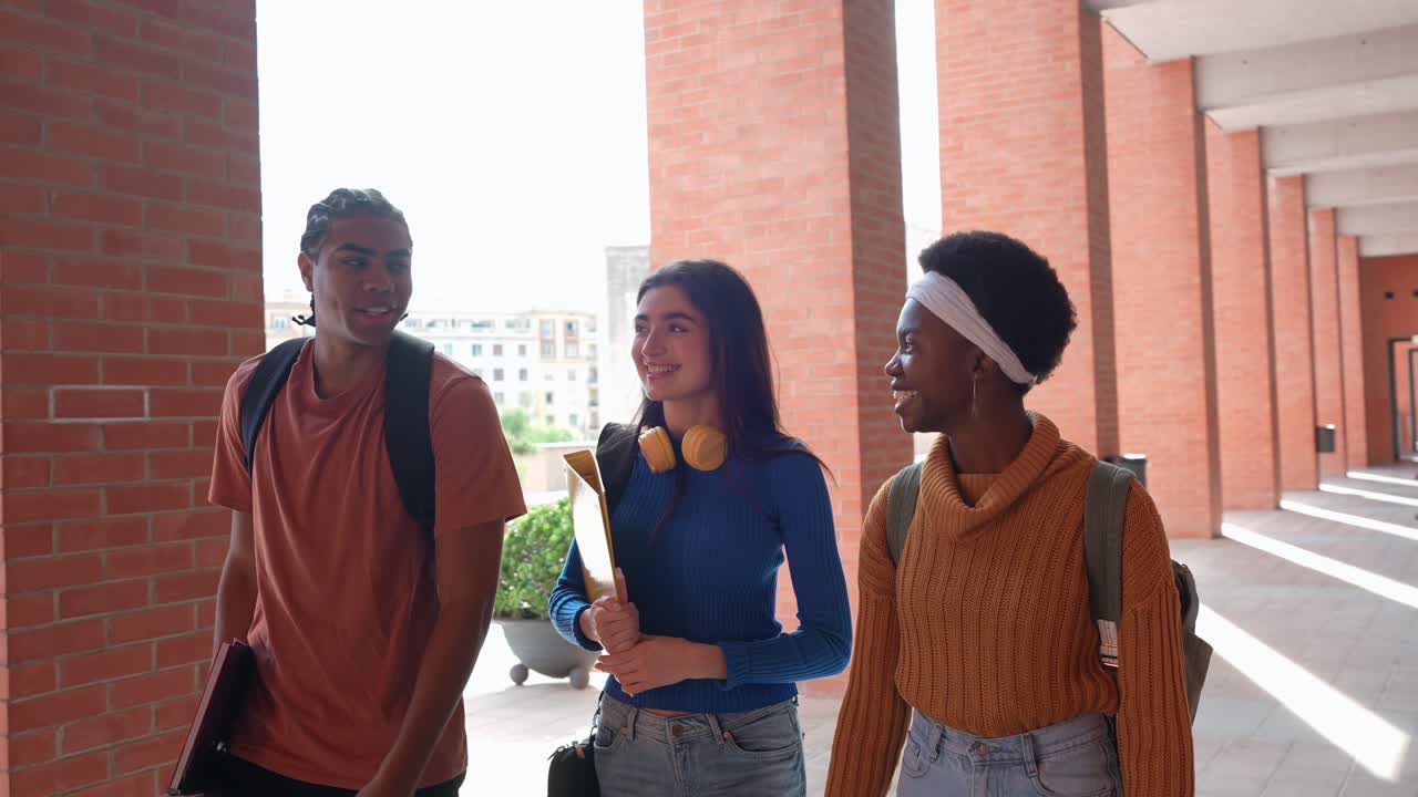 Gruppo eterogeneo di studenti universitari che camminano e parlano nel campus