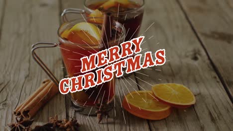 animación de saludos de navidad texto sobre bebidas y decoraciones de navidad.